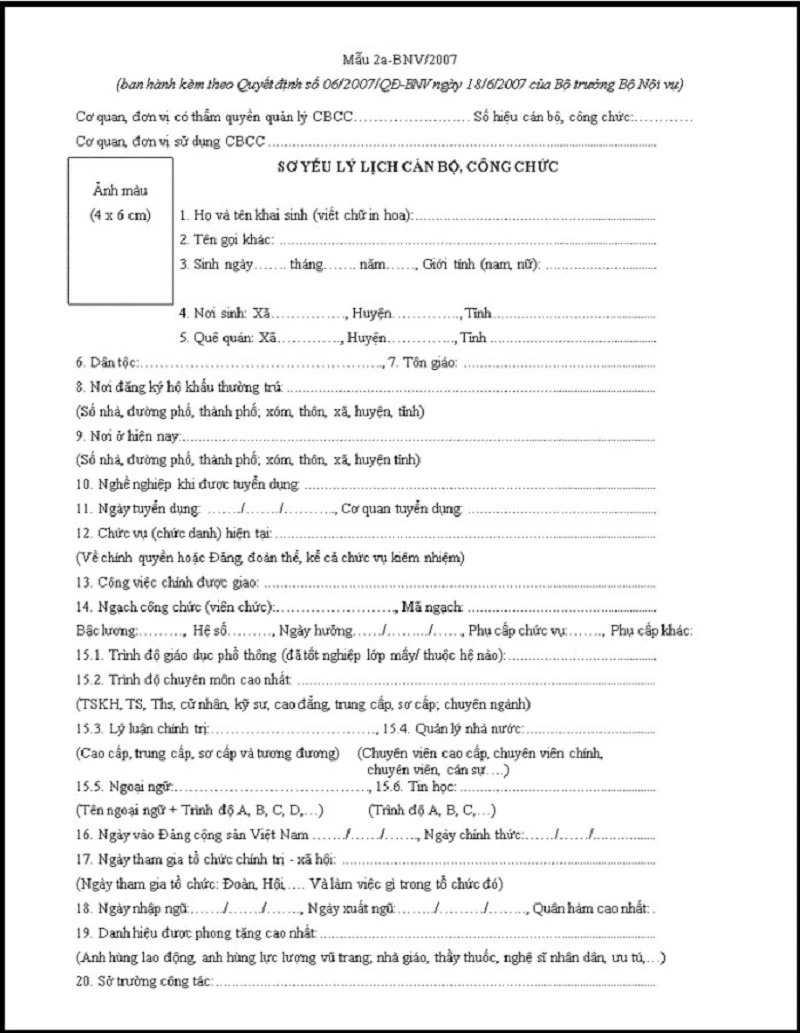 Mẫu sơ yếu lý lịch cho công viên chức