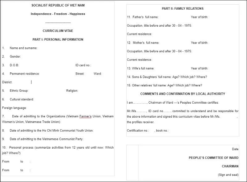 Mẫu sơ yếu lý lịch tiếng Anh