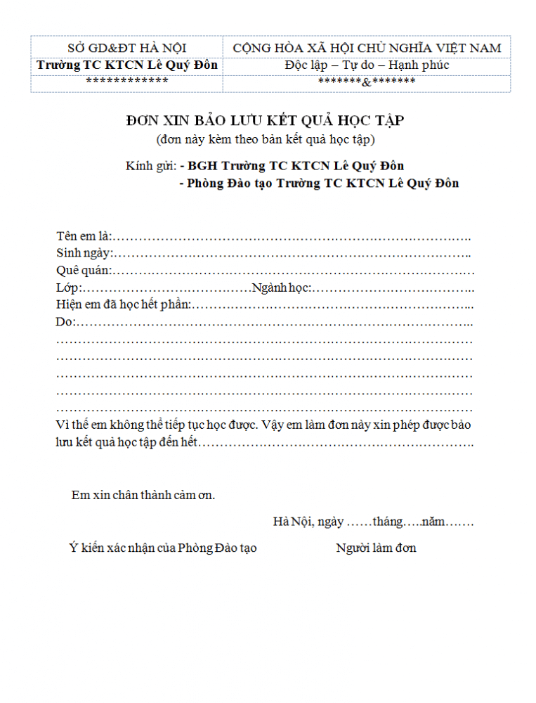 Mẫu đơn xin bảo lưu kết quả học tập